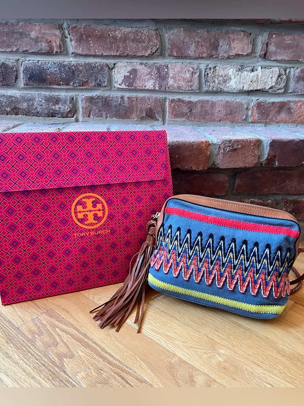 Tory Burch Chambray Blue Multicolor Taylor Embroidered Camera Bag